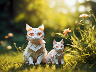 Adorable origami mother and baby cat standing on grass in nature in front of blurry background. Children's book illustration.