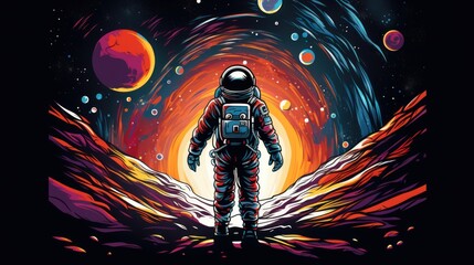 An astronaut standing on a planet with a starry background. The astronaut is wearing a spacesuit. The planet they stand on has a red-orange hue.