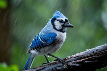 Blue jay bird sitting on a branch in nature with its beak open