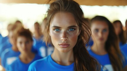 Close-up of a young female athlete cheerleaderwith a focused gaze and freckles - obrazy, fototapety, plakaty