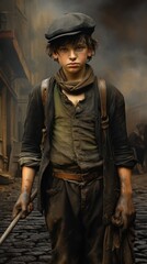 In this photo, a boy dressed as a chimney sweep is standing on the street. He wears a flat cap, dirty clothes and gloves. He also carries a stick and a bag. In the background is a destroyed city stree