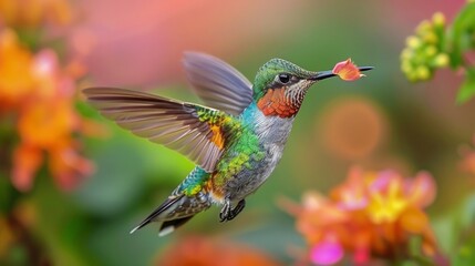 Hummingbird Flying Near Flower
