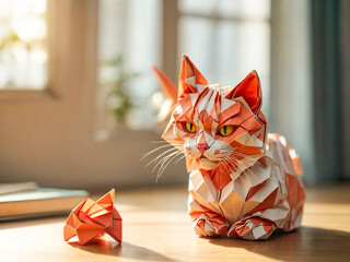 Playful origami paper cat lying on ground at home. Children's book illustration.