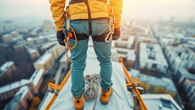 An urban climber stands atop a high structure overlooking a cityscape, with climbing gear and rope, ready for descent.
