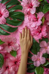 Obraz na płótnie Canvas Womans Hand Touching Pink Flower