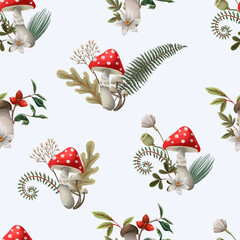Seamless autumn pattern with mushrooms, fern and berries. Vector.