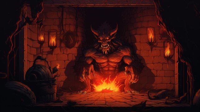 A demon-like creature sits in front of a fire in a dark room. He has big horns and sharp teeth. On the walls.