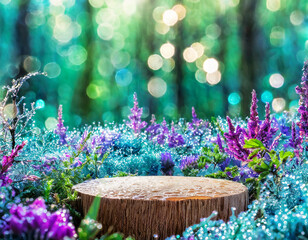 Wooden podium in the forest among purple and turquoise plants and flowers. Fairy and fantasy world with blurred and sparkling background. Cylindrical platform for product promotion.