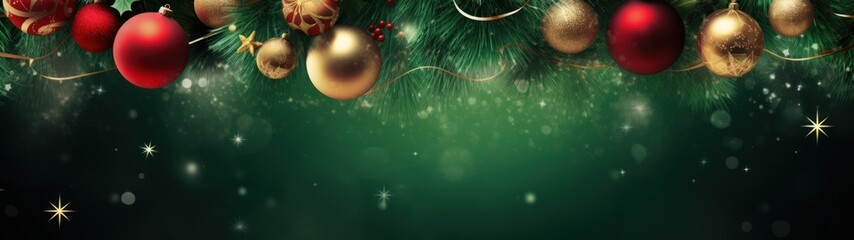 Green Christmas banner with red and gold baubles hanging from a pine branch. - obrazy, fototapety, plakaty