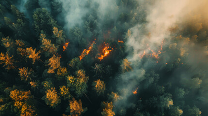 Top view of a forest fire. A strip of dry grass sets fire to trees in a dry forest. Fire with smoke from a bird's eye view. Natural disaster concept, nature.