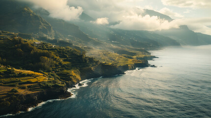 Aerial view of the stunning cliffs and beaches of Madeira Island, Portugal. Natural landscape...