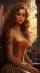Obraz na płótnie Canvas A beautiful blonde in a ballgown sits in the cathedral. Gold-colored dress with a deep neckline and puffy sleeves. The woman is wearing a gold necklace with a pendant.