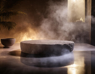 Rock podium, central, in a spa room. Warm yellow light, smoke and steam, mystical and relaxing atmosphere. Platform for product promotion. 