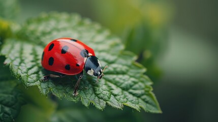 Obraz premium Red Ladybug on Green Leaf