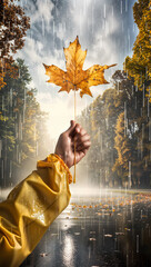 Autumn Rain: Hand Holding Maple Leaf Against Gentle Showers in a Peaceful Forest Setting