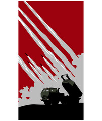 Rocket salvo. M142 HIMARS multiple rocket launcher. Vector image for prints, poster and illustrations. 