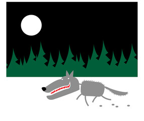 A gray wolf runs through a snow field at the edge of the forest. Cartoon character. Vector image for prints, poster and illustrations. 