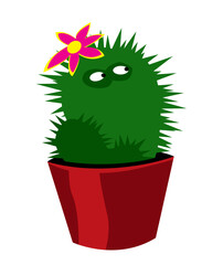 Flowering cactus in a pot. Cartoon character. Vector image for prints, poster and illustrations. 