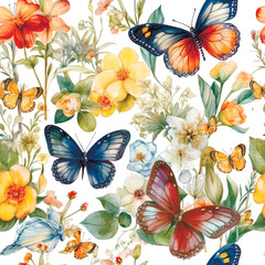 Watercolor beautiful colorful summer flowers drawing seamless pattern. Romantic vector background. Hand drawn paint blooming flowers, leaves, butterflies, doodle artistic ornaments. Endless texture