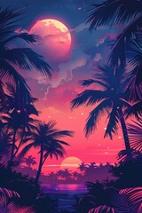 Illustration of a tropical background with sunset or dawn in neon light in retro style. Palm trees and the sun