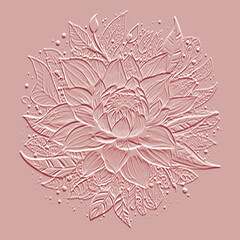 Line art hand drawn lotus flower leaves emboss textured surface pink 3d seamless pattern. Embossed relief vector floral background. Beautiful repeat botanical grunge backdrop. Endless texture - 783338739
