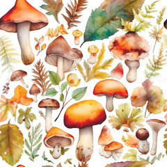 Hand drawn watercolor mushrooms and autumn leaves seamless pattern. Autumn vector background. Drawing painted fall leaves, mushrooms ornaments. Endless texture. For fabric, wallpapers, cards, prints