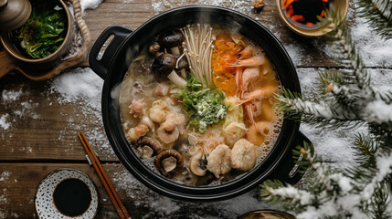 Top-down view of a realistic anime style nabe pot on a snow-covered wooden table Large black nabe pot, clear golden broth