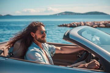 A woman enjoys a scenic drive in a luxury convertible with a refreshing coastal backdrop accentuated by clear skies