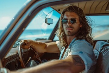 A stylish man with long hair and sunglasses driving a classic car on a sunny seaside road - Powered by Adobe
