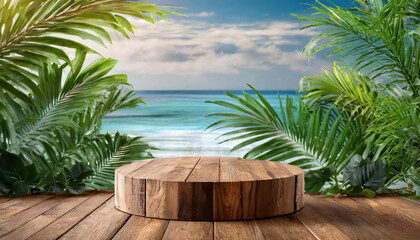 Wooden podium in the sea scenic view with tropical leaves. Cylidrical platform for presentation products.