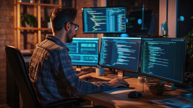 A software developer works on code late into the night, illuminated by the glow of multiple computer screens in a modern office. AIG41