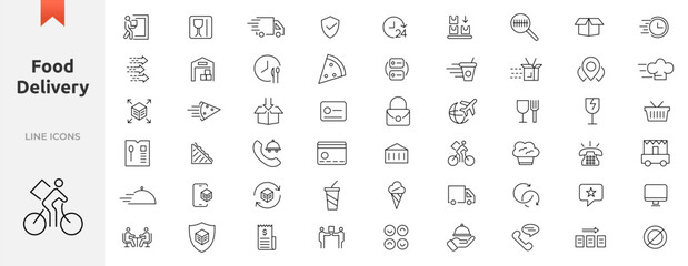 Food delivery service icon set. UI icons collection outline. Containing order tracking, delivery home, warehouse, truck, scooter, courier and cargo icons. Shipping symbol.