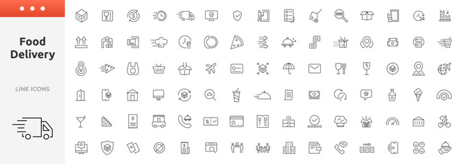 Food delivery service icon set. UI icons collection outline. Containing order tracking, delivery home, warehouse, truck, scooter, courier and cargo icons. Shipping symbol.