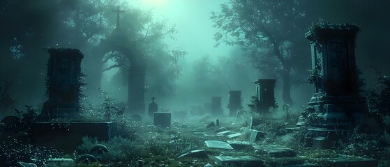 Eerie Silence in the Moonlit Cemetery. Concept Night Photography, Cemetery Scenes, Moonlit Silence, Spooky Ambiance, Haunting Landscapes - obrazy, fototapety, plakaty