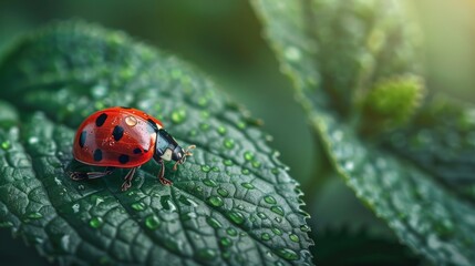 Ladybug Perched on Green Leaf