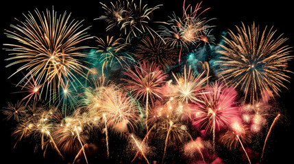 Bright fireworks exploding against the dark night sky. Photo from below. Holiday concept.