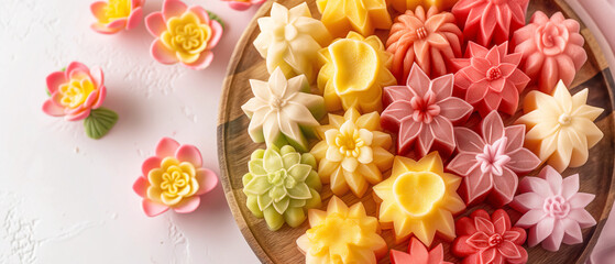 3D fruit-shaped Look Chup decorated with lotus flowers on a pastel background