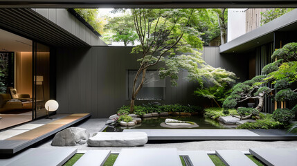 Green area in the backyard of a modern house. Stylish interior, minimalistic path, tropical plants,...