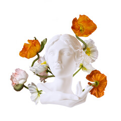 white sculpture of the head and hand of a Greek goddess surrounded by beautiful flowers collage, 3d rendering collage