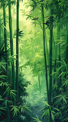 Lush green bamboo stalks bathed in morning light create a serene path through the dense forest
