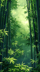 Lush green bamboo stalks bathed in morning light create a serene path through the dense forest