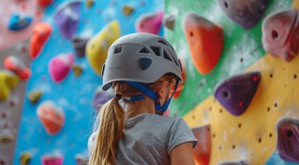A girl in sportswear climbing on an indoor bouldering wall, wearing yoga pants and sneakers. The background is colorful with various rock walls for hanging ropes and holds.