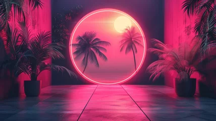 Tuinposter Illustration of a tropical background with sunset or dawn in neon light in retro style. Palm trees and the sun © CaptainMCity
