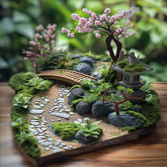 Photo of a miniature model of Japanese Zen Garden,cherryblossom,tea table, bridge, in the style of Isometric