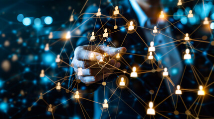 Fototapeta premium Businessman hold circle of network structure HR - Human resources. Business leadership concept. Management and recruitment. Social network.