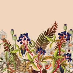 Border with autumn leaves, berries and seeds. Vector.
