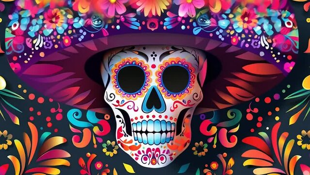 A vibrant Mexican Day of the Dead pattern featuring an intricately detailed sugar skull wearing a sombrero