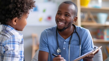 Child black skin boy at session in psychologist's office. Psychologist trying to understand child, support him and help cope with problems. Mental health kid concept.