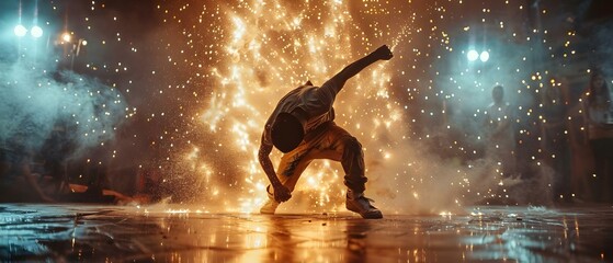 Dynamism in Dance: Breakdancer Amidst Sparkling Lights. Concept Dance Photography, Breakdancing, Sparkling Lights, Artistic Poses, Dynamic Movement - obrazy, fototapety, plakaty
