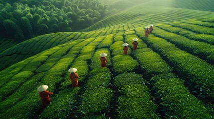Workers in traditional conical hats harvest tea leaves in the lush fields of a hillside plantation at dawn's early light... - obrazy, fototapety, plakaty